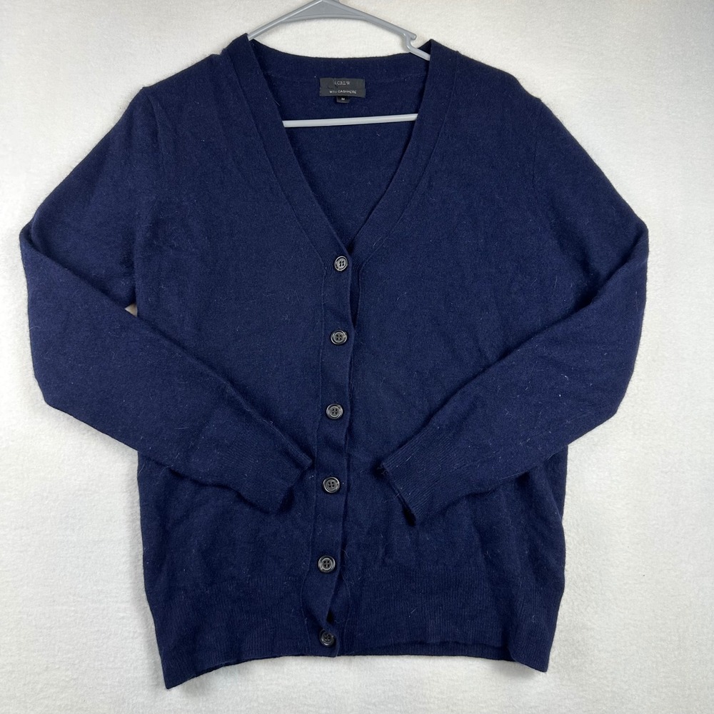 J Crew Cardigan Sweater Womens M Navy Blue Wool Cashmere Blend V-Neck Classic